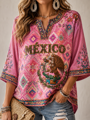Women's Mexico Proud Art Printed Mid-length Sleeves V-Neck T-Shirt