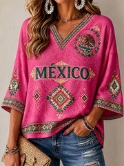 Women's Mexico Proud Art Printed Mid-length Sleeves V-Neck T-Shirt