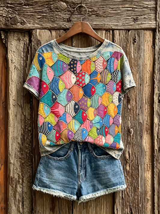 Women's Vintage Colorful Fish Texture Art Print short-sleeved T-shirt