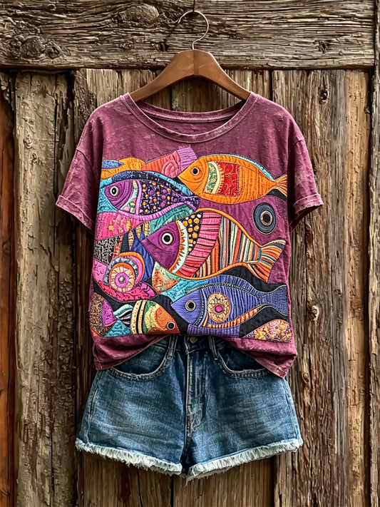 Women's Vintage Colorful Fish Boho Art Print short-sleeved T-shirt