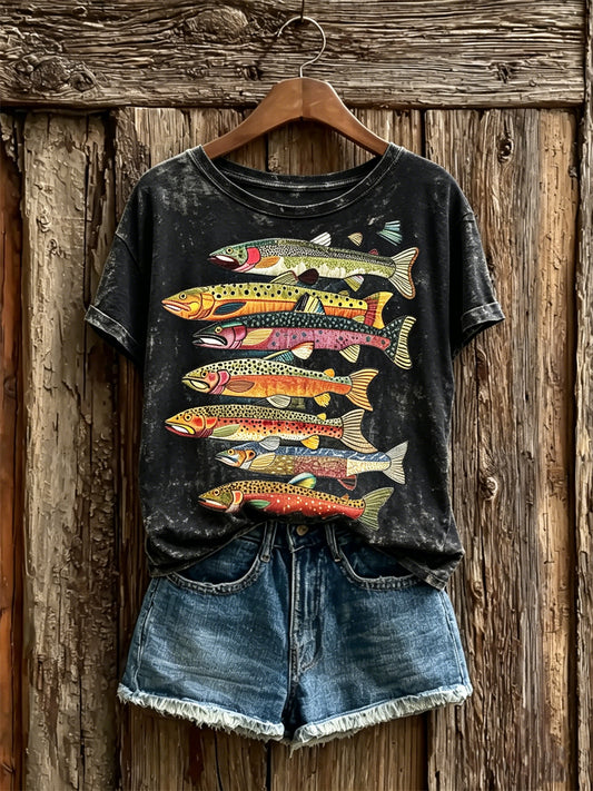 Women's Vintage Sardine Fish Colorful Art Patchwork Print short-sleeved T-shirt