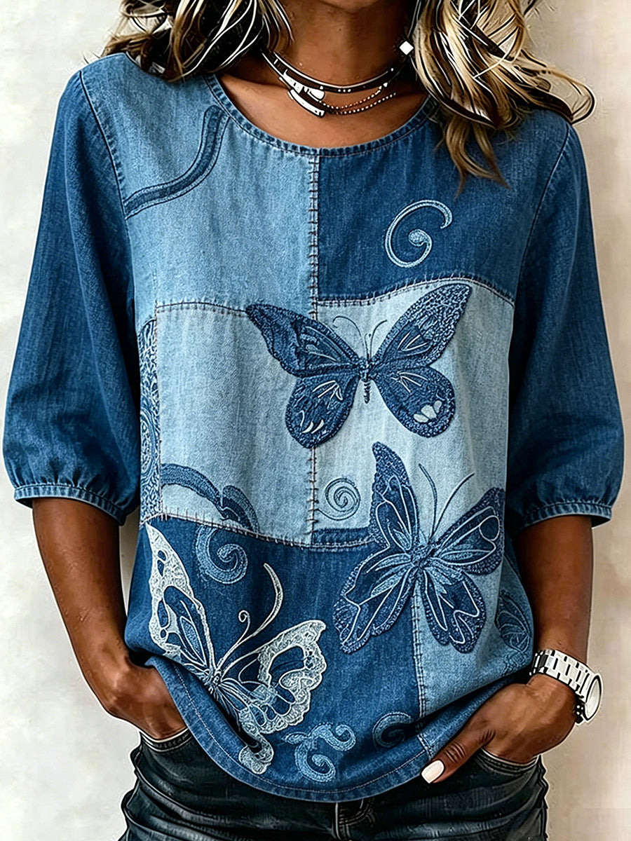 Women's Animal Butterfly Print Three-Quarter Sleeve T-shirt