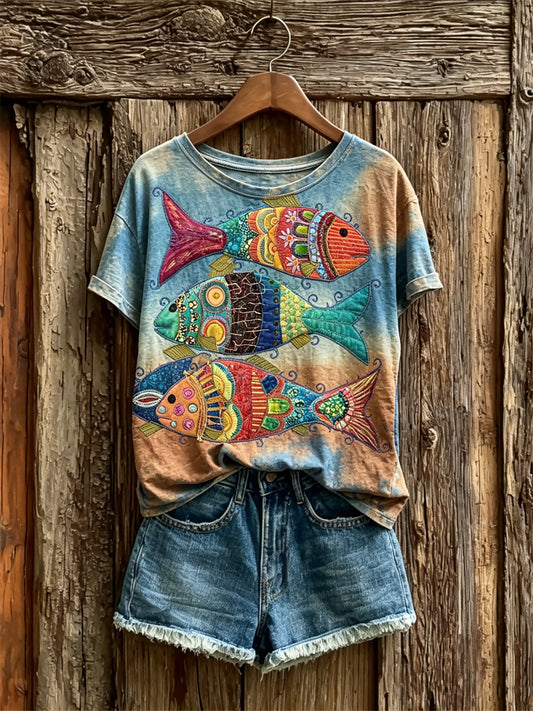 Women's Boho Colorful Fish Art Print Gradient short-sleeved T-shirt