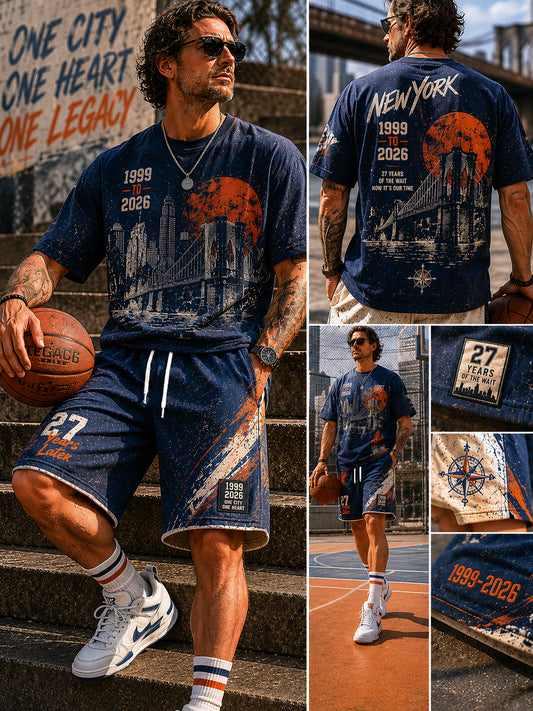 Navy Washed New York Skyline Basketball 2-Piece Set