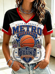Women's New York Basketball Printed V-neck T-shirt