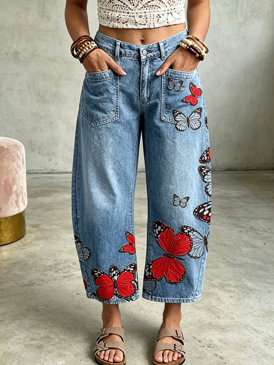 Women's Animal Butterfly Art Print Pocketing Trousers
