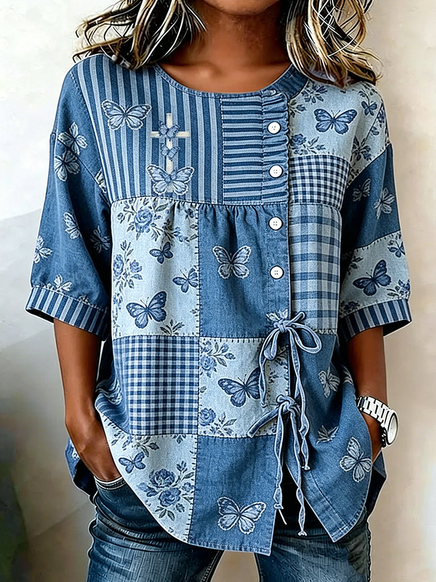 Women's Animal Butterfly Printed Mid Sleeve Tied Top
