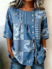 Women's Animal Butterfly Printed Mid Sleeve Tied Top