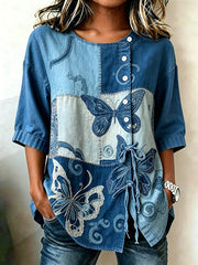 Women's Animal Butterfly Printed Mid Sleeve Tied Top