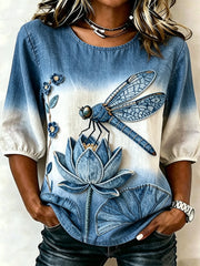 Women's Animal Dragonfly Print Three-Quarter Sleeve T-shirt