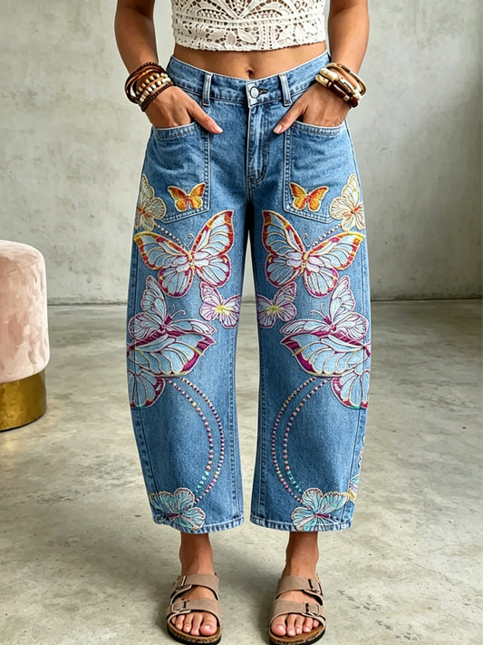 Women's Animal Butterfly Art Print Pocketing Trousers