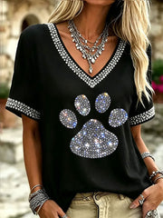 Women's Rhinestone Paw Print Casual T-Shirt