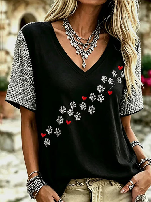Women's Rhinestone Paw Print Casual T-Shirt