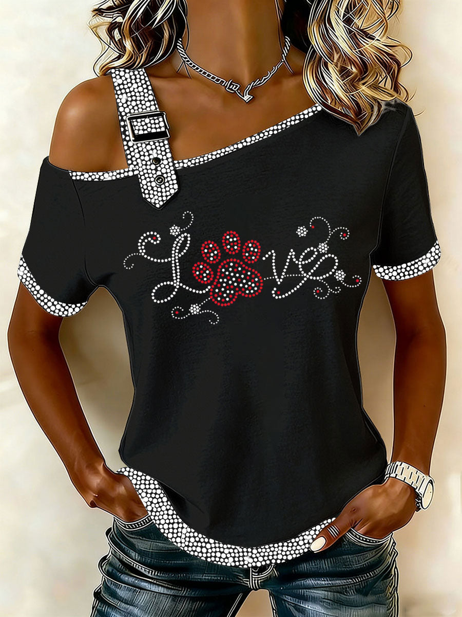 Women's Rhinestone Paw Print Casual T-Shirt