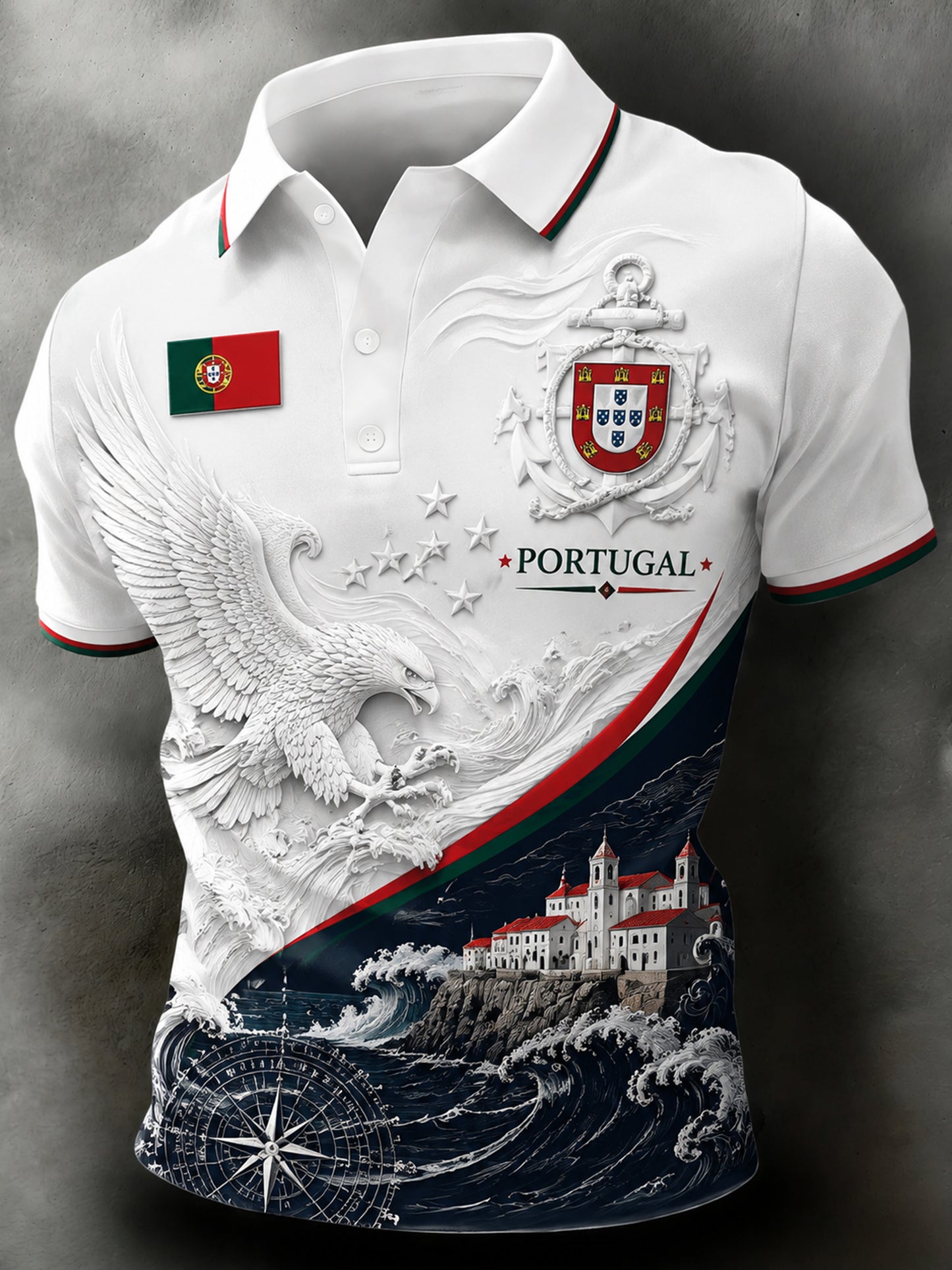 Men's Portugal Football-Themed Polo Shirt: Embossed-Texture Elements & Artistic Fan-Themed Print