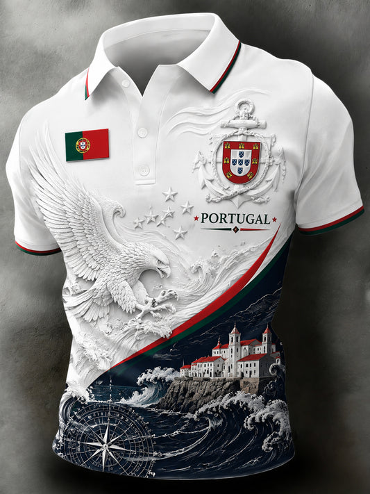 Men's Portugal Football-Themed Polo Shirt: Embossed-Texture Elements & Artistic Fan-Themed Print