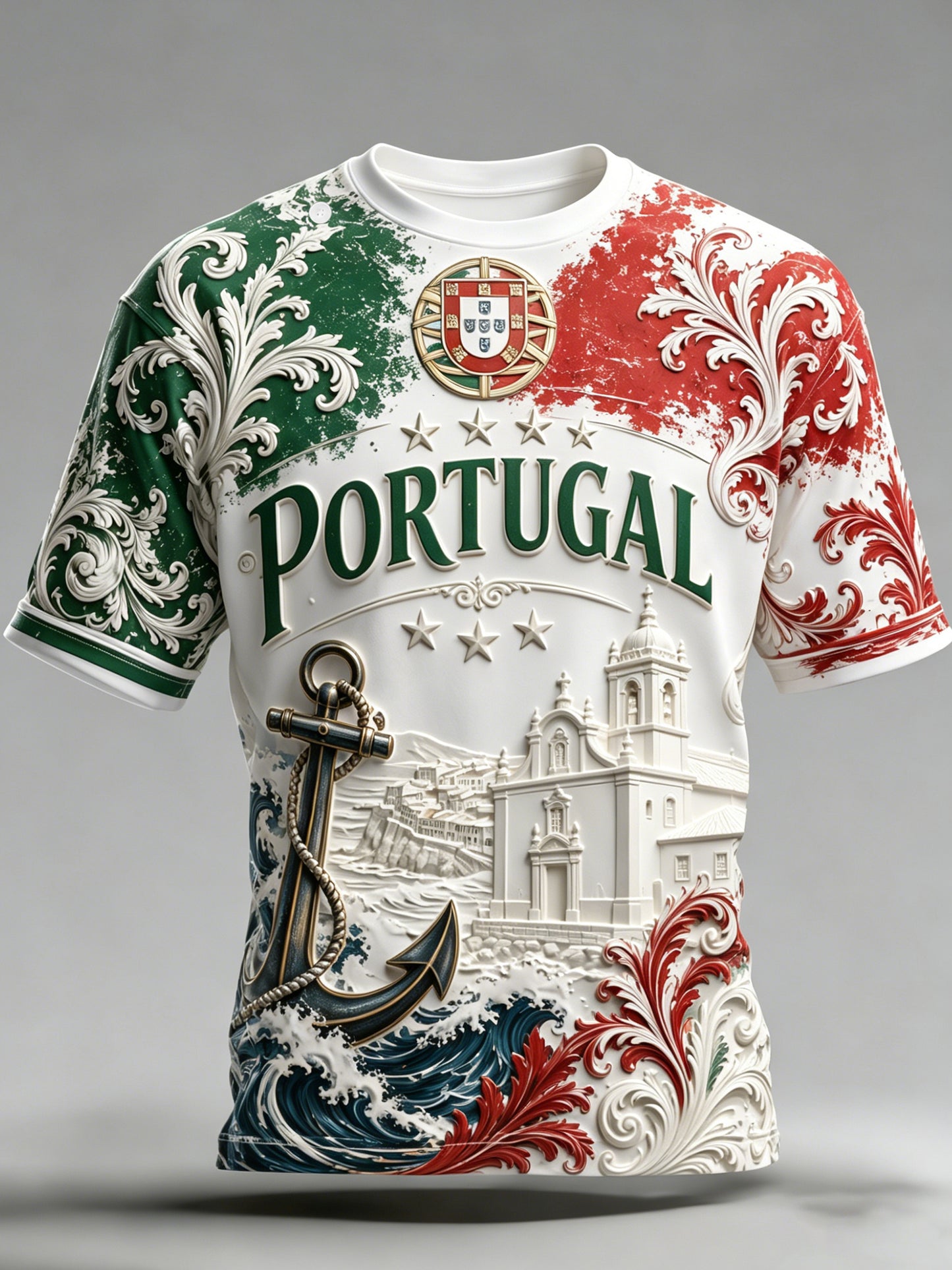 Men's Portugal Football-Themed T-Shirt: Embossed-Texture Fan Art Print
