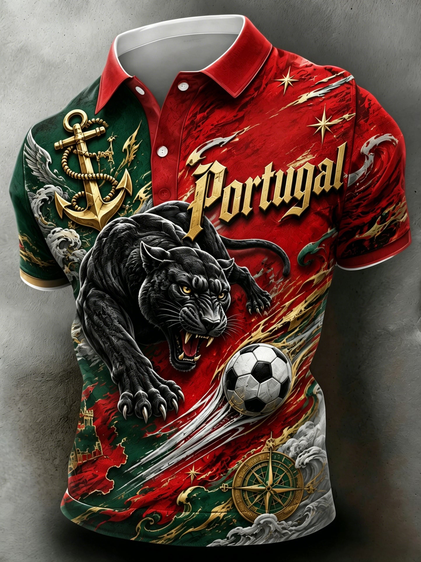 Men's Portugal Football-Themed Polo Shirt: Embossed-Texture Elements & Artistic Fan-Themed Print