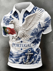 Men's Portugal Football-Themed Polo Shirt: Embossed-Texture Elements & Artistic Fan-Themed Print