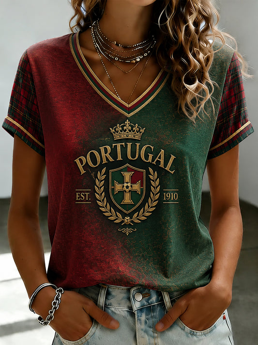 Women's Portuguese Football Printed V-neck T-shirt