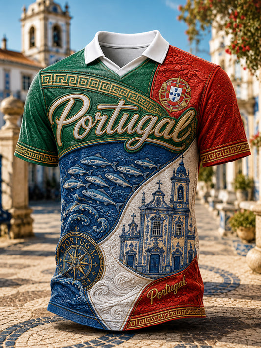 Men's Portugal Football Cheerleading Ocean-Themed Art Print V-Neck Top