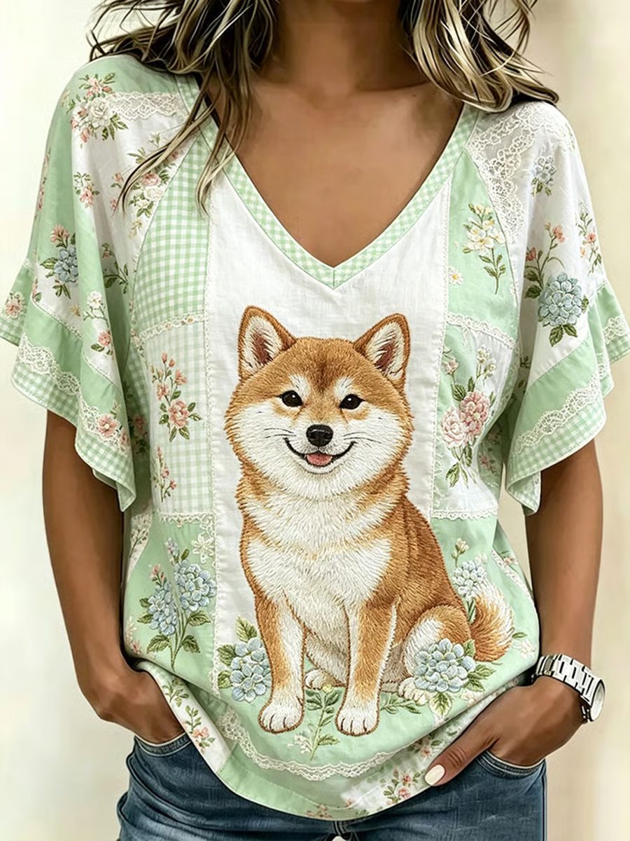 Women's Cute Dog Print Sleeve T-Shirt