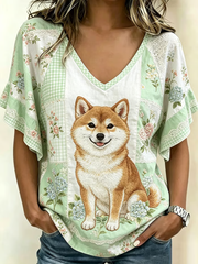 Women's Cute Dog Print Sleeve T-Shirt