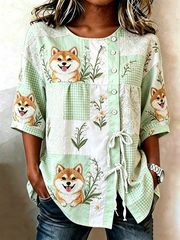 Women's Cute Dog Print Cotton-Linen Button-Front Top with Ties