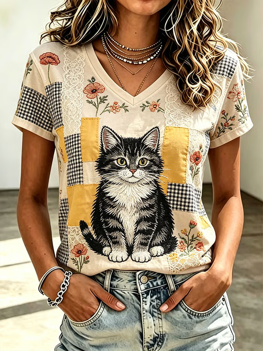Women's Cute Cat Print short-sleeved T-shirt