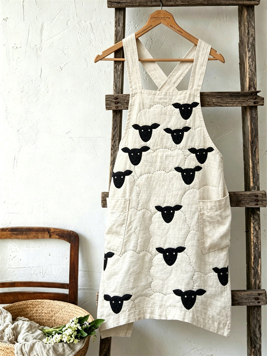 Women's Vintage Fuzzy Sheep Pattern Print Linen Apron