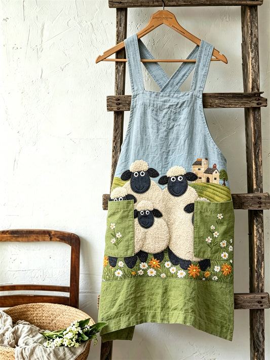 Women's Vintage Farm Sheep Floral Grassland Print Linen Apron