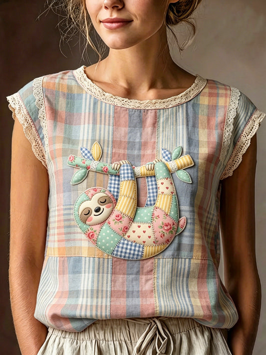 Women's Art Animal Koala Printed Lace Round Neck Sleeveless T-shirt