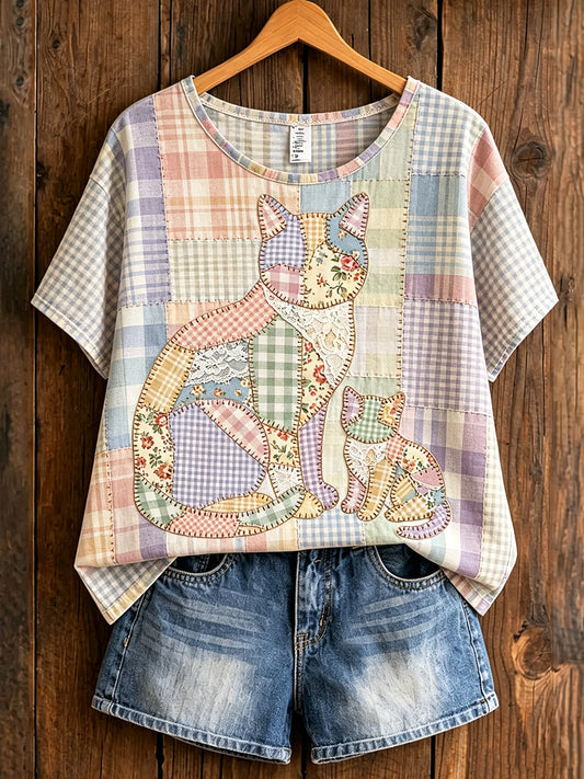 Women's Animal Cat Printed Vintage Fashion Loose Short Sleeve T-Shirt