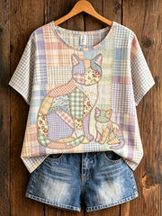 Women's Animal Cat Printed Vintage Fashion Loose Short Sleeve T-Shirt