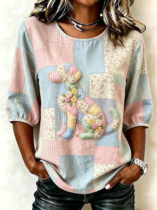 Women's Animal Dog Print Three-Quarter Sleeve T-shirt