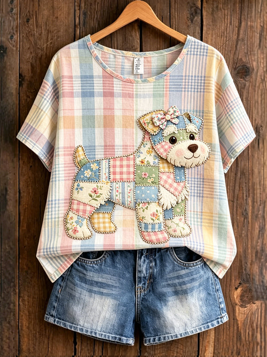 Women's Animal Dog Printed Vintage Fashion Loose Short Sleeve T-Shirt