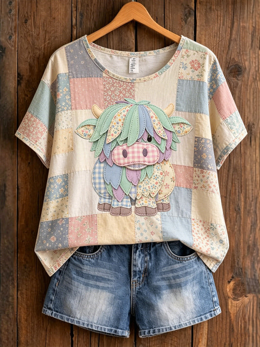 Women's Animal Highland Cattle Printed Vintage Fashion Loose Short Sleeve T-Shirt