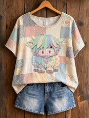 Women's Animal Highland Cattle Printed Vintage Fashion Loose Short Sleeve T-Shirt