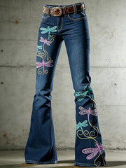 Women's Art Animal Dragonfly Print Flared Trousers