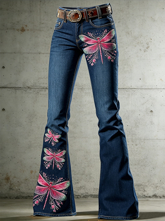 Women's Art Animal Dragonfly Print Flared Trousers