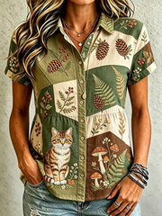 Women's Cute Cat Print Cotton-Linen Shirt