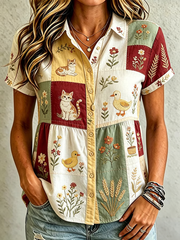Women's Cute Cat Print Cotton-Linen Shirt