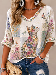 Women's Plants And Flowers Cute Cat Print Casual T-shirt