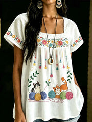 Women's Cute Cat Print Cotton-Linen Shirt