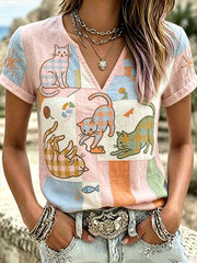 Women's Cute Cat Print Cotton-Linen Shirt