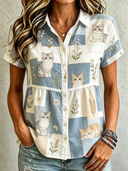 Women's Cute Cat Print Cotton-Linen Shirt
