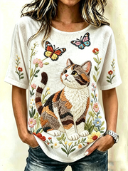 Women's Cute Cat Print linen short-sleeved T-shirt