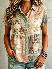 Women's Cute Cat Print Cotton-Linen Shirt