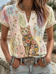 Women's Plants And Flowers Cute Cat Print V-Neck Casual T-Shirt