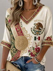 Women's Mexican Football Aztec Totem Element Art Print V-Neck Top